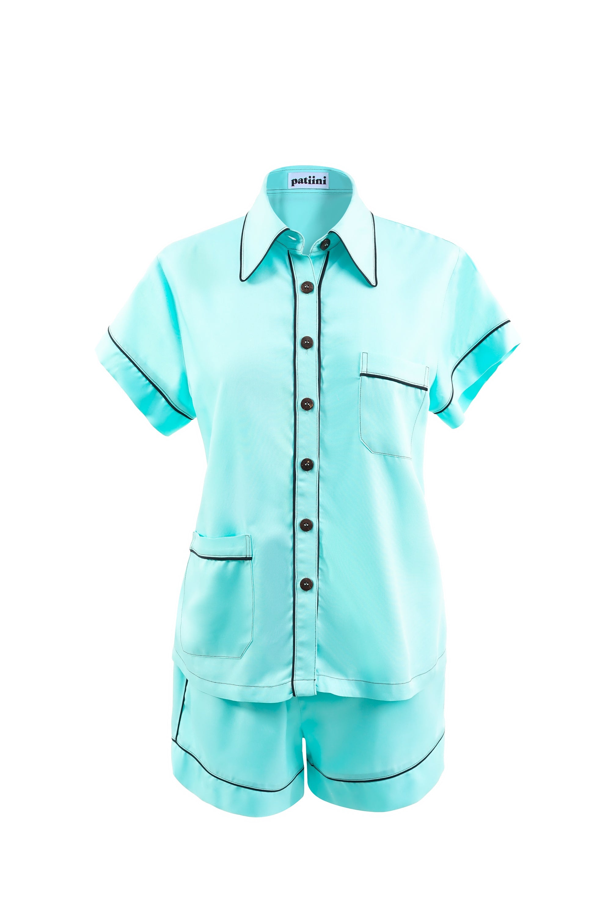 Teal short-sleeved pajama set with black contrasting piping.