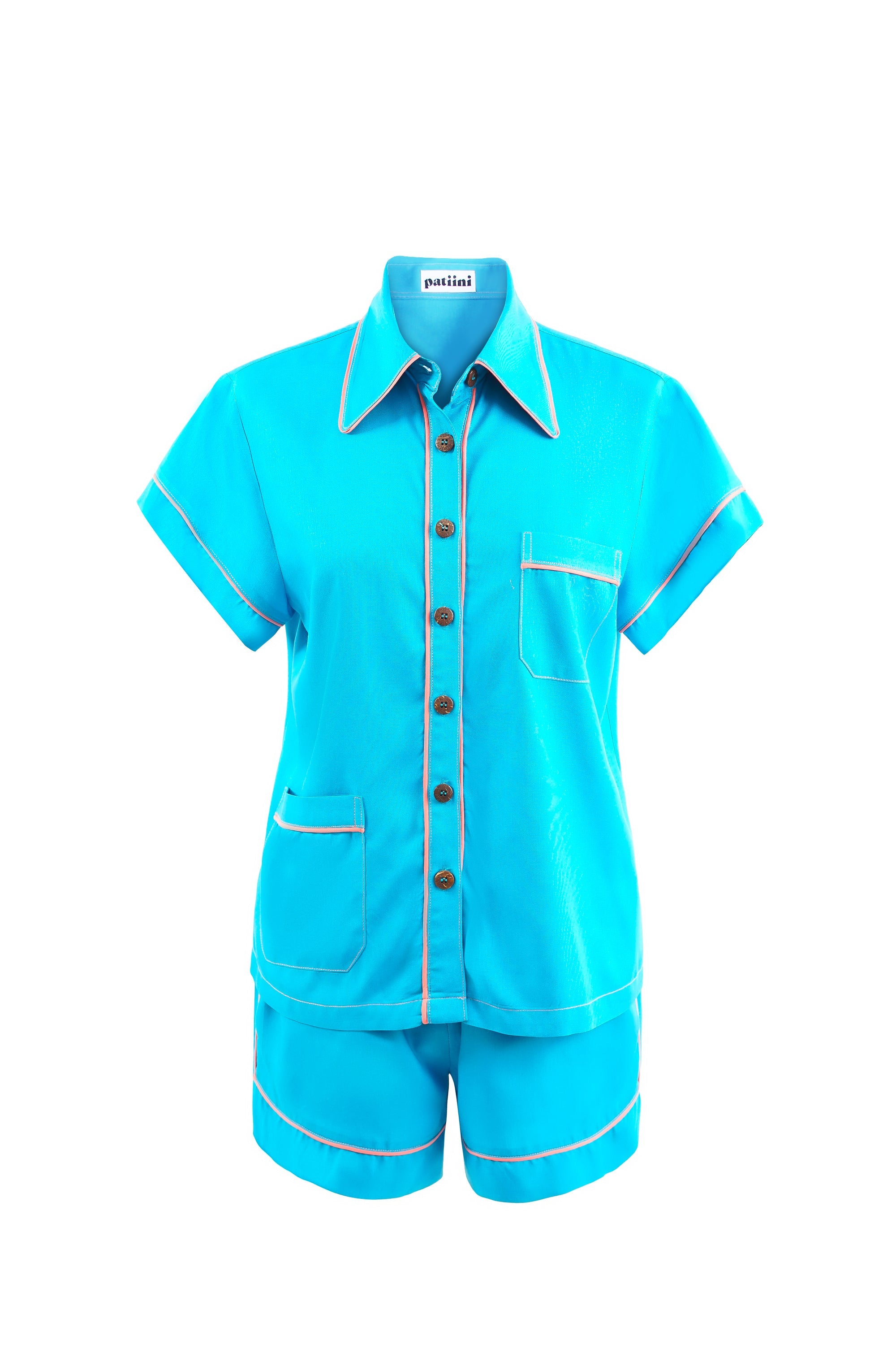 Blue short-sleeve pajama set with contrasting coral piping.