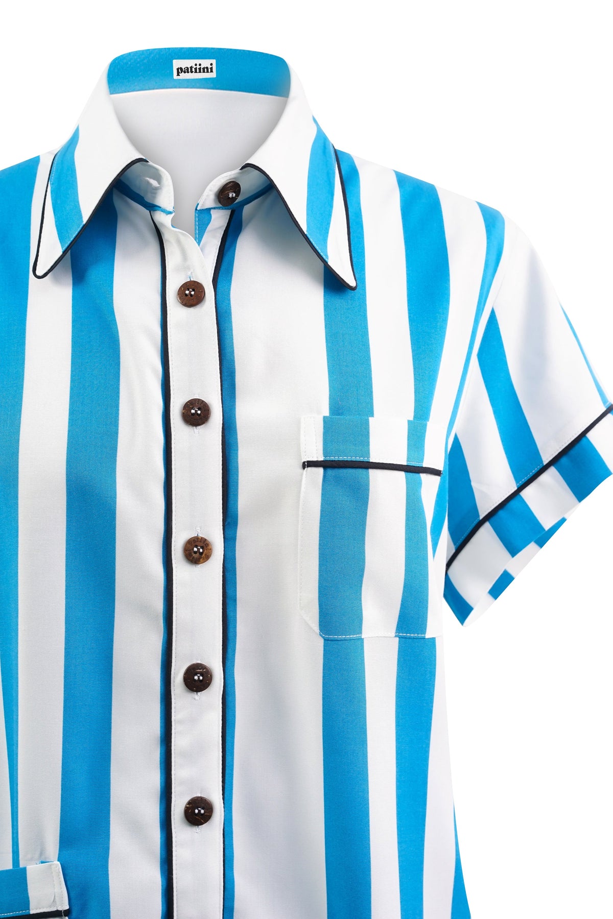 Close-up of a blue and white striped button-down shirt.