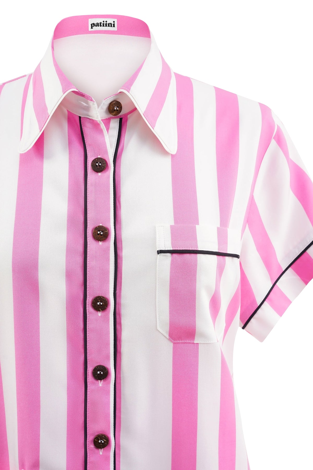 Close-up of a pink and white striped button-down shirt.