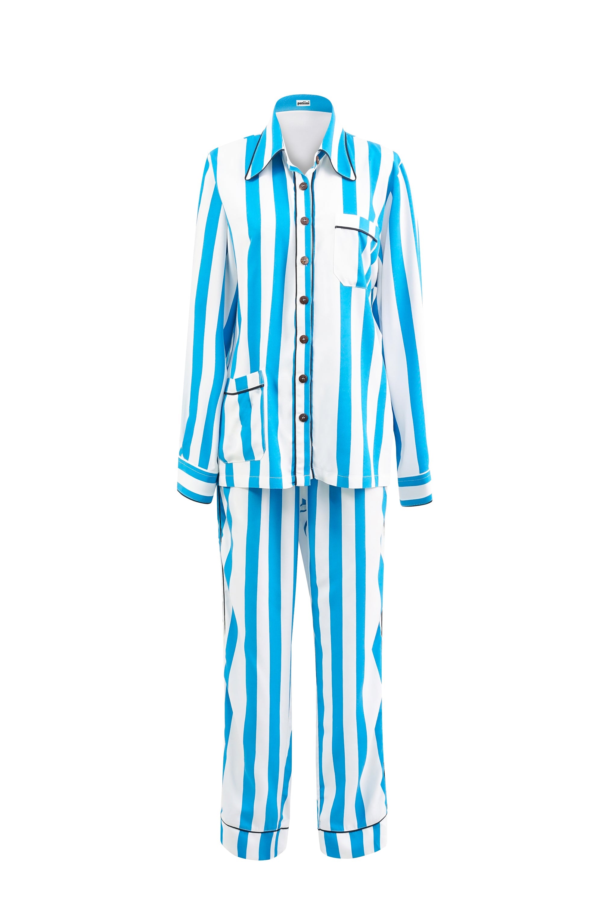 Blue and white striped long-sleeve pajama set with contrasting black piping.