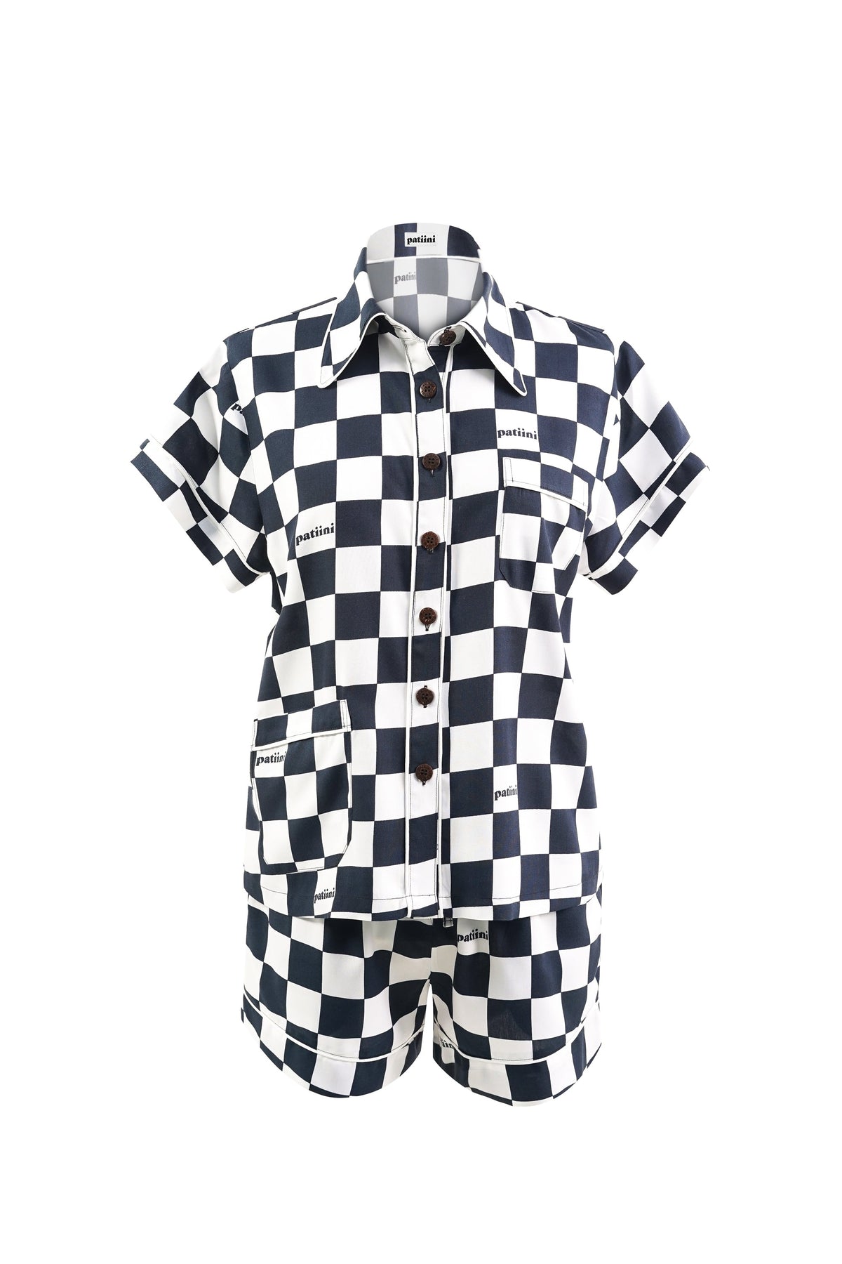 Black and white checkered short-sleeve pajamas with white piping.