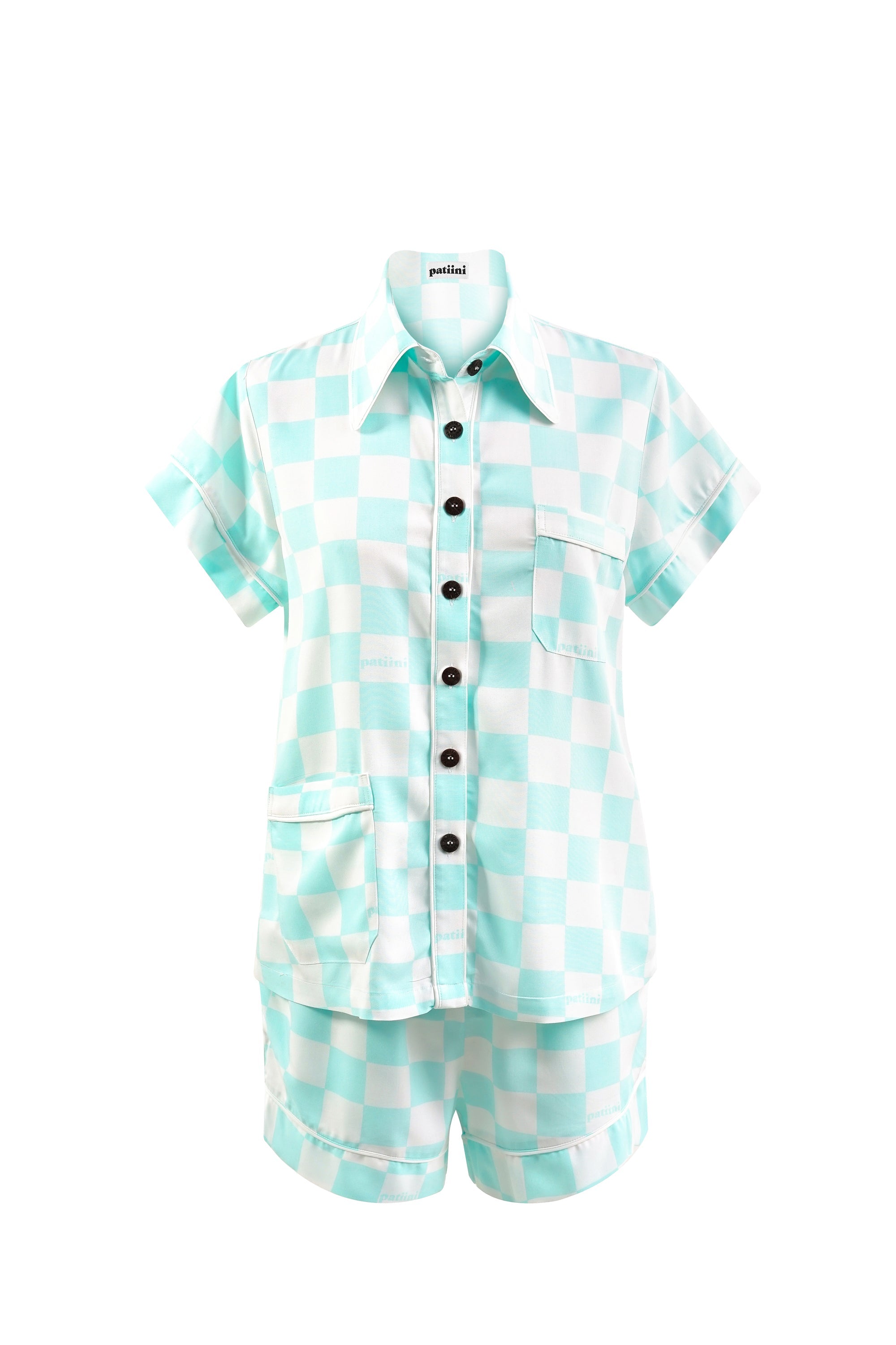 White and teal checkered short-sleeve pajama set with white piping.