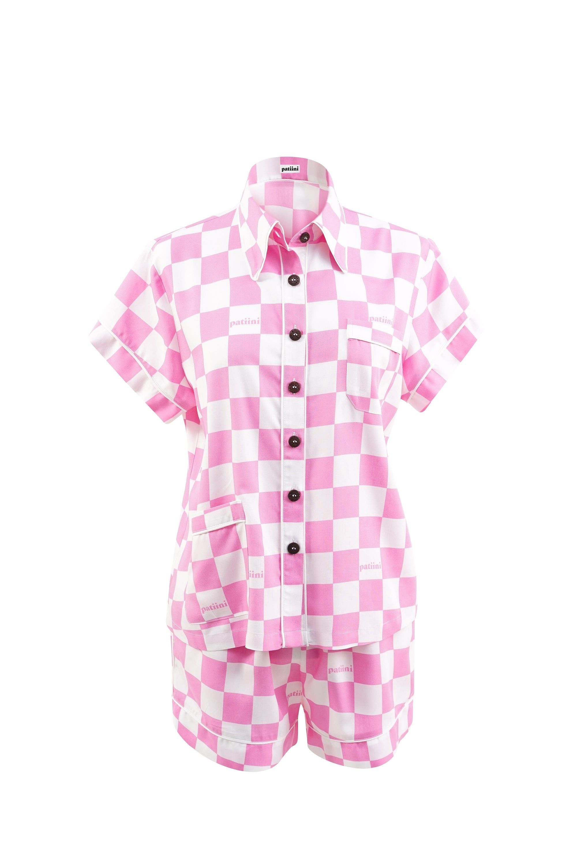 Pink and white checkered short-sleeve pajamas with white piping.