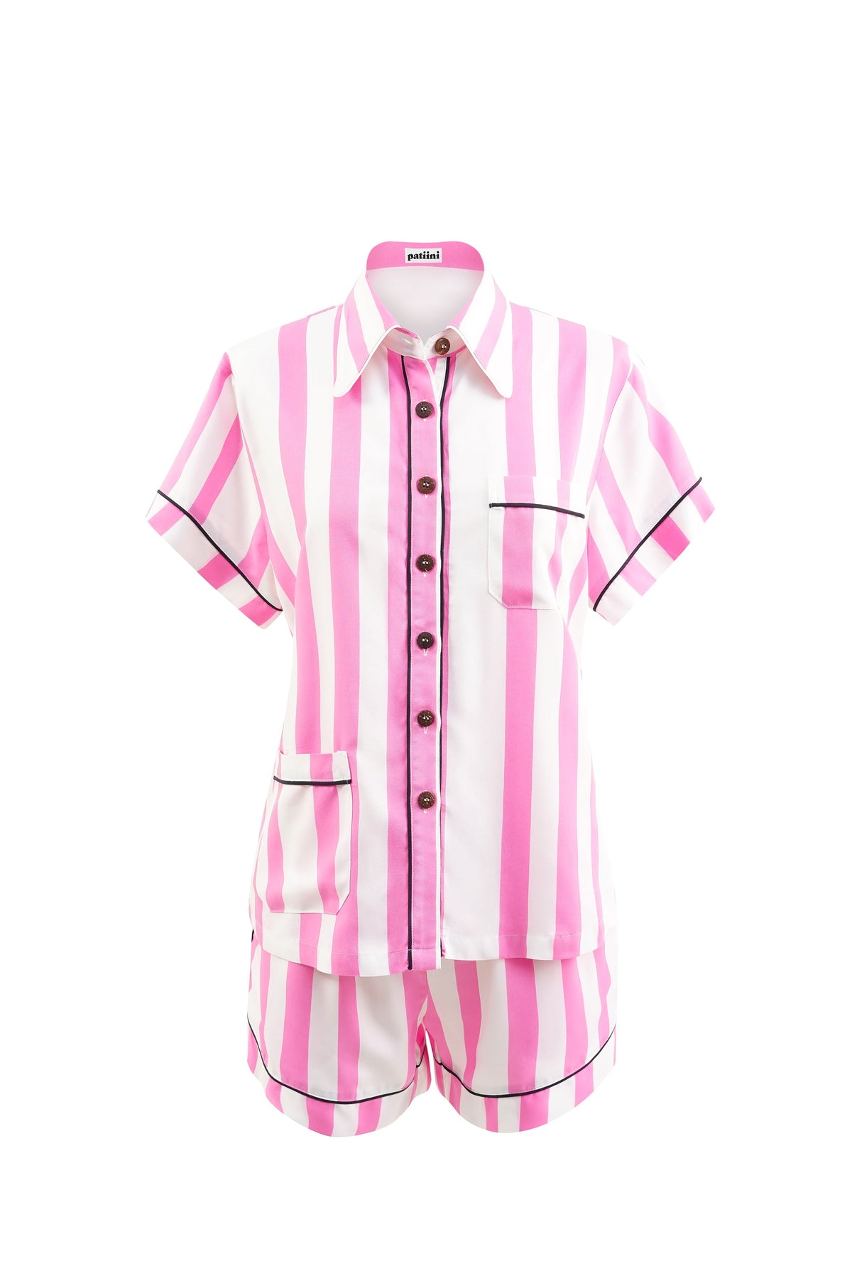 Pink and white striped short-sleeved pajama set with contrasting black piping.