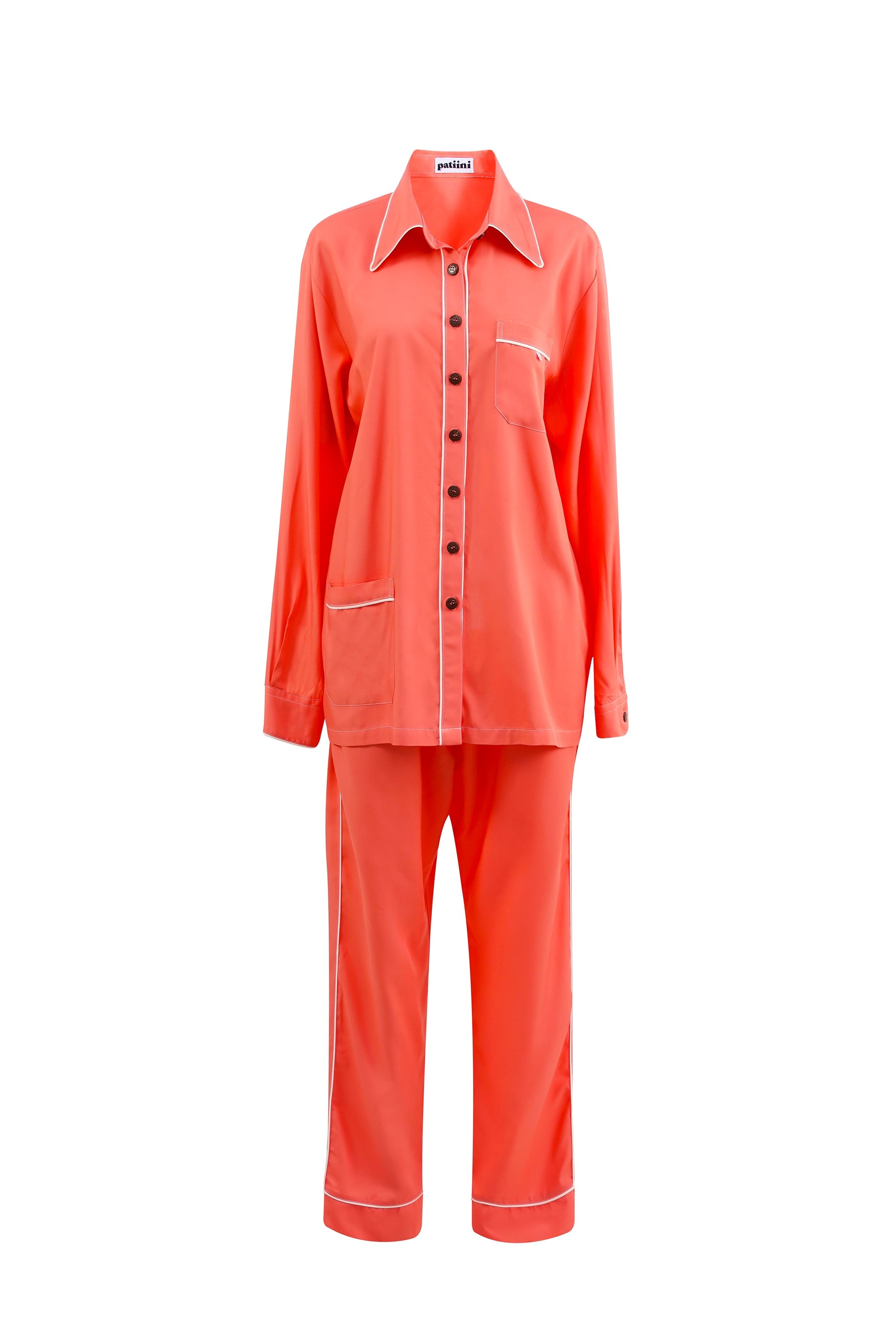 Coral long-sleeve pajama set with contrasting white piping.