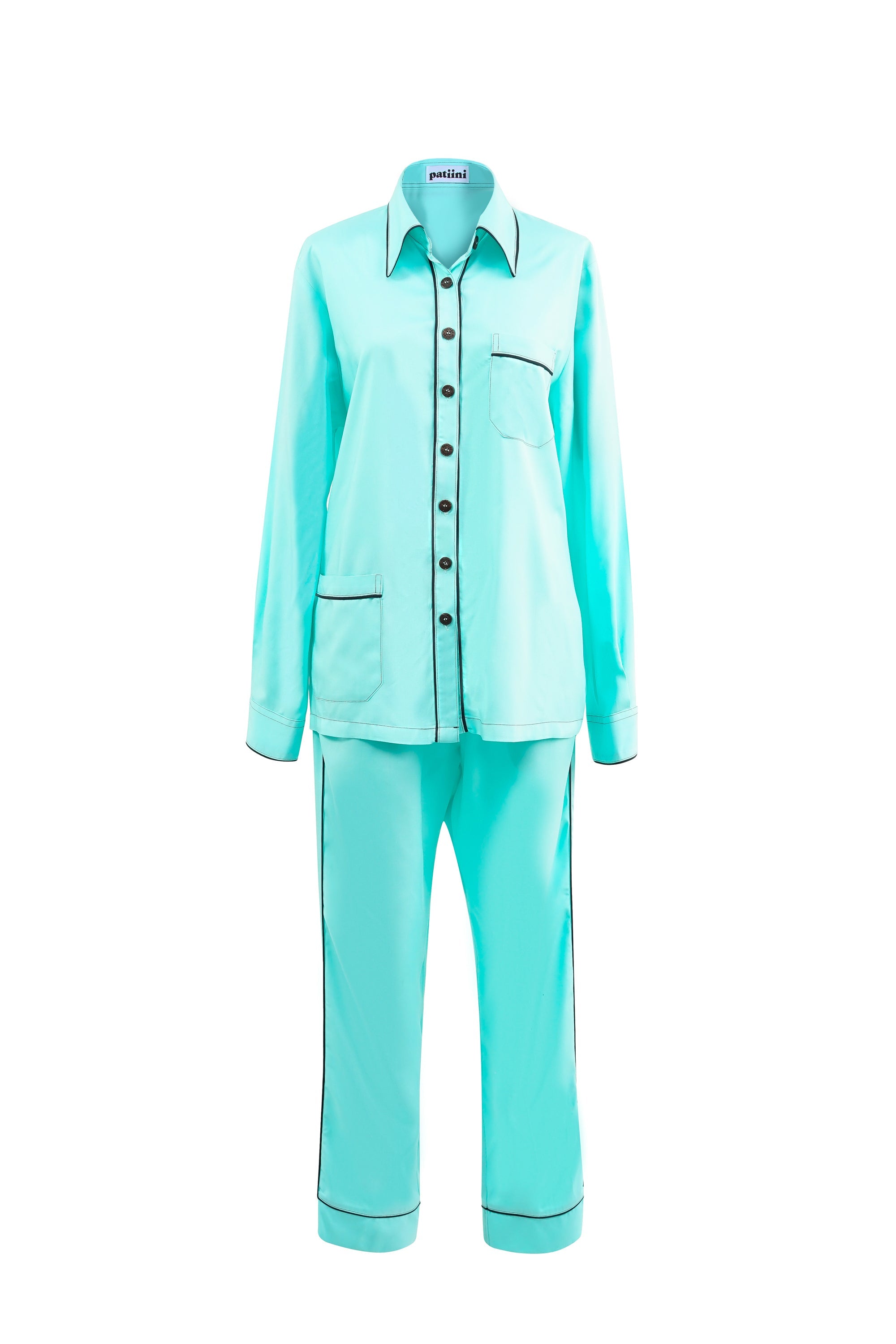 Teal long-sleeved pajama set with contrasting black piping.