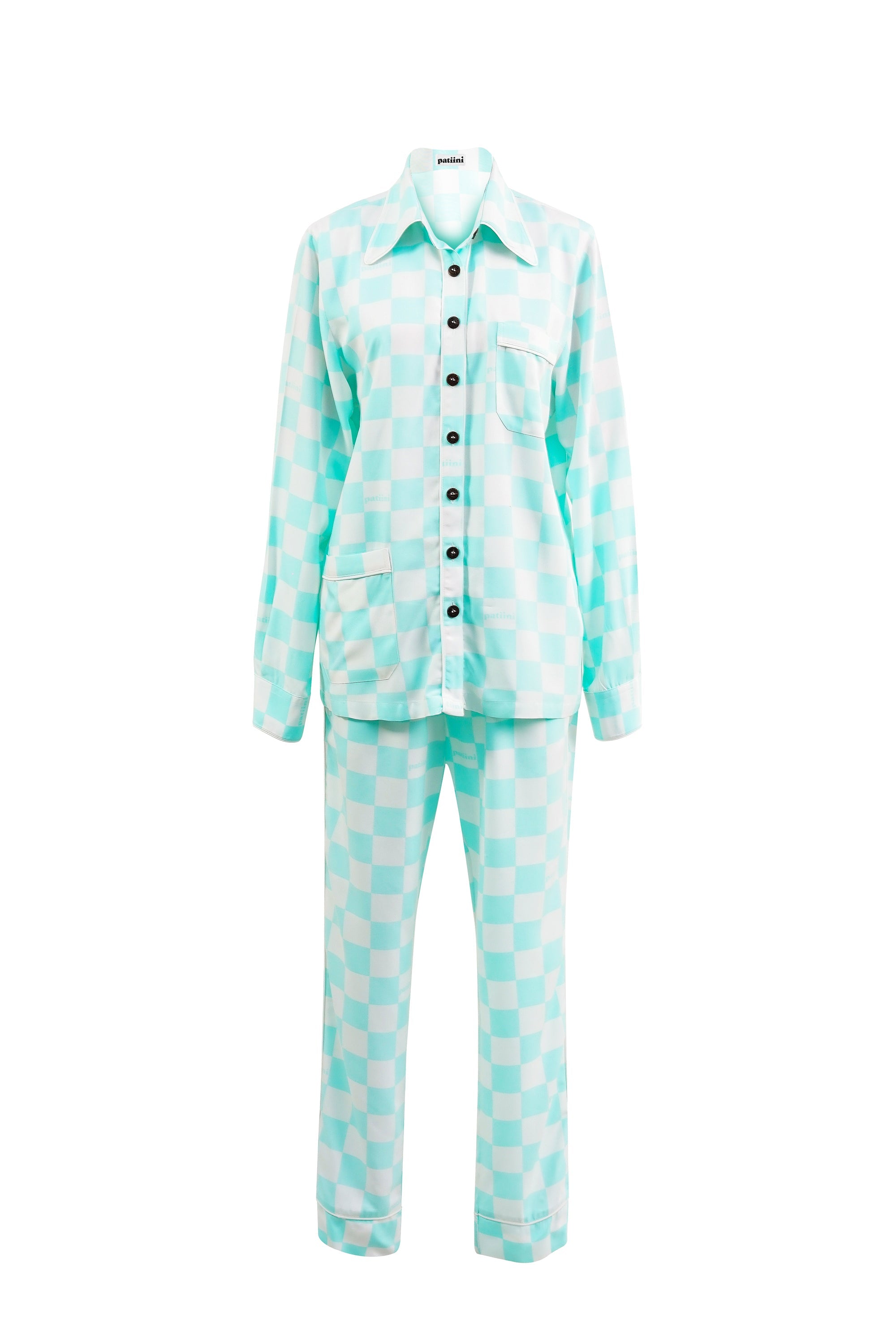White and teal checkered long-sleeve pajama set with white piping.