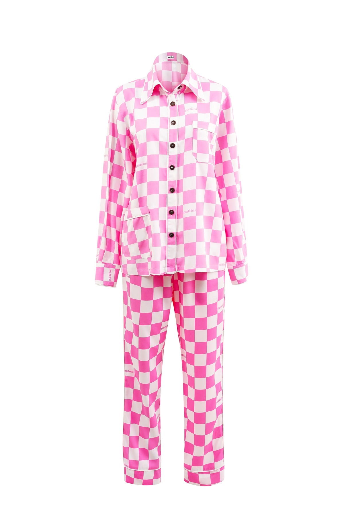 Pink and white checker long-sleeve pajamas with white piping.