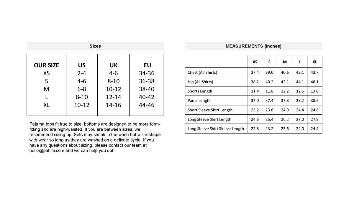 Size chart showing US, UK, EU standard sizes in XS, S, M, L, XL.